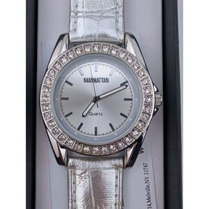 Manhattan by Croton Watch Women‎ 40mm Case Pave Bezel Silver Band New w/ Box